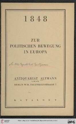 Nr. 9: Katalog / Antiquariat Altmann G.m.b.H., Berlin: 1848, zur politischen Bewegung in Europa