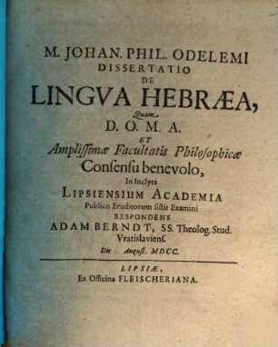 M. Johan. Phil. Odelemi Dissertatio De Lingva Hebraea