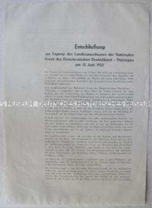 Flugblatt mit dem Wortlaut der Entschließung der Nationalen Front Thüringen zur Vorbereitung der Volkskammerwahl 1950