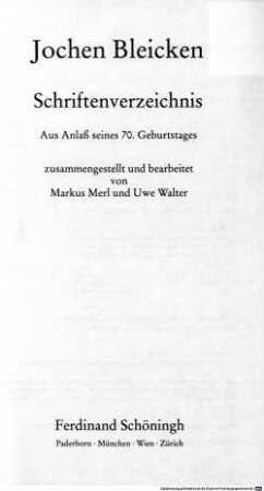 Jochen Bleicken, Schriftenverzeichnis