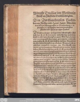 Albrecht Truchses von Wetzhausen Brieff/ an Fürstliche Durchleuchtigkeit.
