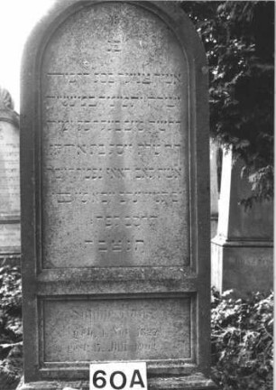 Grabstein 60 (Index: 100114368) Material: Kalkstein Zustand: verwittert Maße HxBxT: 188x64x32 cm Beschreibung: Stele, Sockel, Rundbogenabschluß mit Mittelakroter auf Voluten, deutsches Schriftfeld rechteckig Symbolik: Palmette: Grabstein 60A