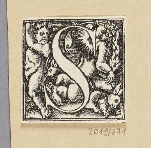 Buchstabe S mit Kind, Putto und zwei Hasen, Initiale zu einem römischen Majuskel-Alphabet