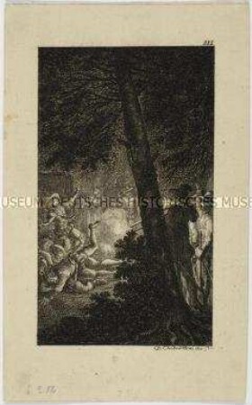Erschießung der Räuber im Wald - Titelvignette zum dritten Band von Le Sages Schelmenroman "Gil Blas de Santillane" (6. Blatt)