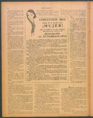 Concepción Ríos, autora de la novela corta "¡Mujer!", que se pública en este número, hace para los lectores de Mundo Argentino su autobiografía