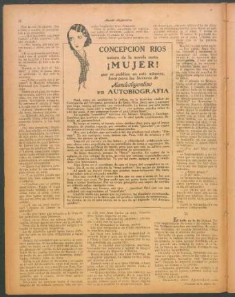 Concepción Ríos, autora de la novela corta "¡Mujer!", que se pública en este número, hace para los lectores de Mundo Argentino su autobiografía