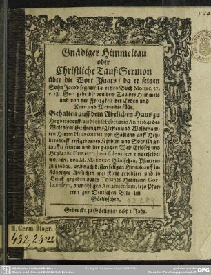 Gnädiger Himmeltau oder christl. Taufsermon ... gehalten ... zu Heydersdorff als ... Hn. Hier. v. Gablentz ... Kindlein getaufft ... worden ...