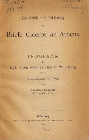 Zur Kritik und Erklärung der Briefe Ciceros an Atticus