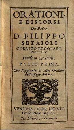 Orationi e discorsi : divise in due parti, 1
