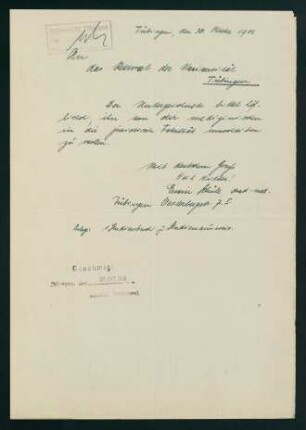 Umschreibung von der medizinischen in die juristische Fakultät (30.09.1933)
