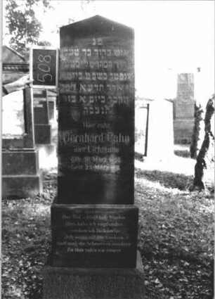 Grabstein 508 (Index: 100111602) Material: Granit Zustand: gut Maße HxBxT: 191x56x27 cm Beschreibung: Stele, getreppter Sockel, giebelartiger Abschluß Steinmetz: Seiter: Grabstein 508