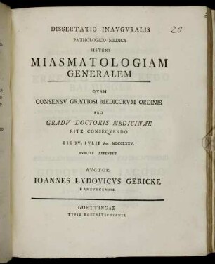 Dissertatio Inauguralis Pathologico-Medica Sistens Miasmatologiam Generalem