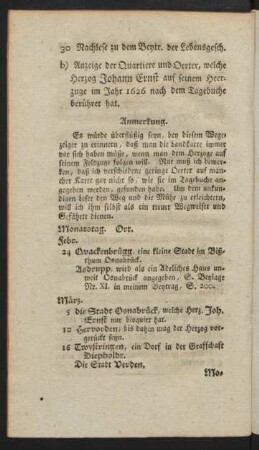 b) Anzeige der Quartiere und Oerter, welche Herzog Johann Ernst auf seinem Heerzuge im Jahr 1626 nach dem Tagebuche berühret hat