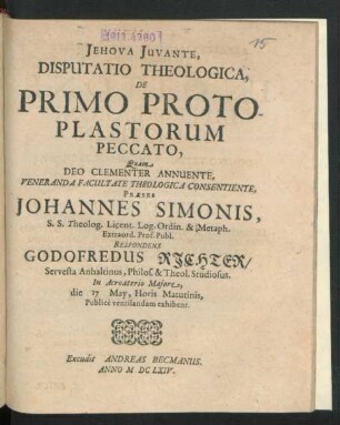 Disputatio Theologica, De Primo Protoplastorum Peccato