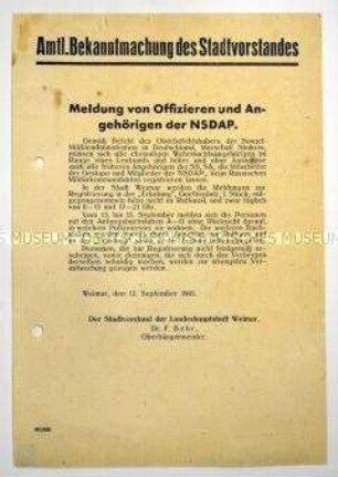 Amtliche Bekanntmachung des Stadtvorstandes von Weimar zur Meldepflicht für Angehörige der ehemaligen NSDAP, SS, SA, Gestapo, sowie Offiziere der Wehrmacht