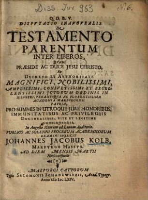 Dispvtatio Inavgvralis De Testamento Parentum Inter Liberos