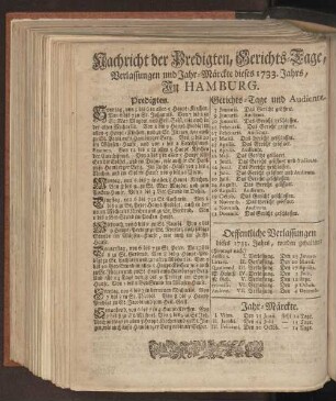 Nachricht der Predigten, Gerichts-Tage, Verlassungen und Jahr-Märckte dieses 1733. Jahrs, In Hamburg.