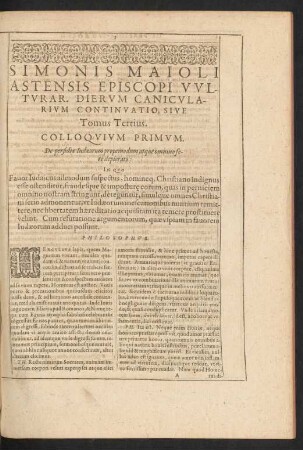 Simonis Maioli Astensis, Episcopi Vulturar. Dierum Canicularium Continuationio, Sive Tomus Tertius.