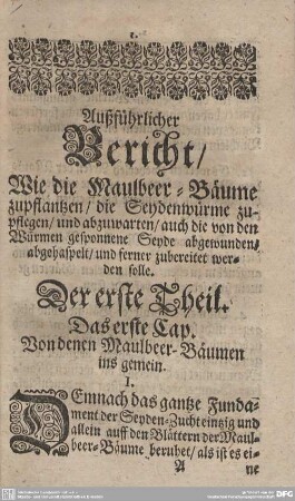 Das erste Cap. Von denen Maulbeer-Bäumen ins gemein.