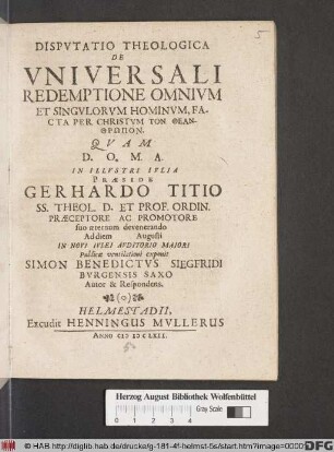 Disputatio Theologica De Universali Redemptione Omnium Et Singulorum Hominum, Facta Per Christum Ton Theanthrōpon