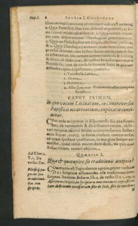 Caput Primum. In quo vocum Latinarum, in Controversiis Papisticis occurentium, explicatio continetur.