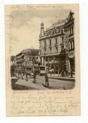"Kaiserstraße - Gruß aus Heilbronn" - Modegeschäft M. Schneider (Kaiserstraße 25), im Vordergrund Straßenbahnen