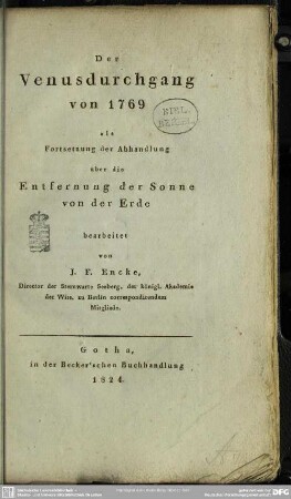 Der Venusdurchgang von 1769 : als Fortsetzung der Abhandlung über die Entfernung der Sonne von der Erde