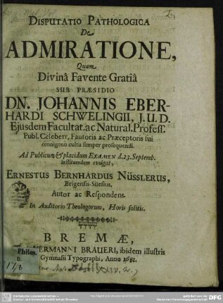 Disputatio pathologica de admiratione