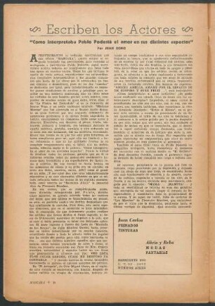 Escriben los actores : "Como interpretaba Pablo Podestá el amor en sus distintos aspectos"