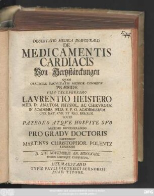 Dissertatio Medica Inavgvralis De Medicamentis Cardiacis