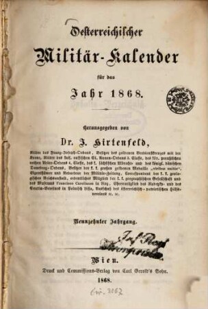 Oesterreichischer Militär-Kalender. 19, 19. 1868