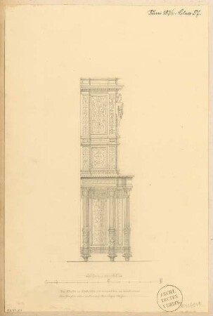 Bücherschrank Monatskonkurrenz Juni 1876: Aufriss Seitenansicht; Maßstabsleiste, Erläuterungstext