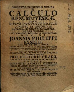 Dissertatio Inauguralis Medica De Calculo Renum Et Vesicae