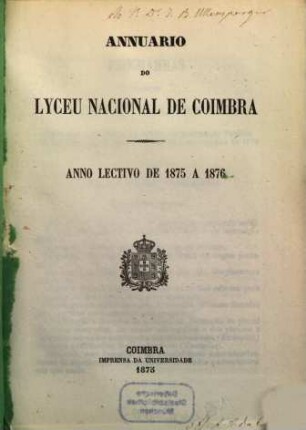 Annuario do Lyceu Nacional de Coimbra. 1875/76, 1875/76 (1875)
