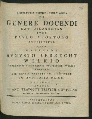 Dissertatio Critico-Philologica De Genere Docendi Kat ̕Oikonomian Qvod Pavlo Apostolo Attribvitvr