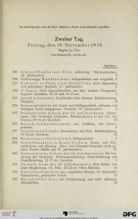 Zweiter Tag. Freitag, den 18. November 1938. Beginn 15 Uhr (Nr. 289-580)