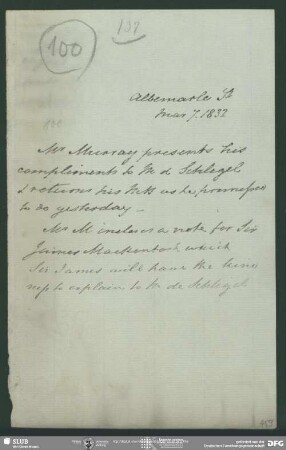 Eigenh. Brief von John Murray an August Wilhelm von Schlegel, London, 07.03.1832