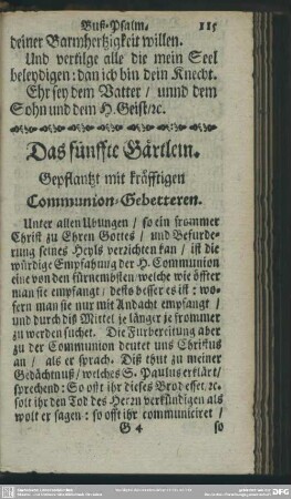 Das fünffte Gärtlein. Gepflantzt mit kräfftigen Communion-Gebetteren