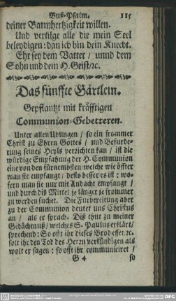 Das fünffte Gärtlein. Gepflantzt mit kräfftigen Communion-Gebetteren