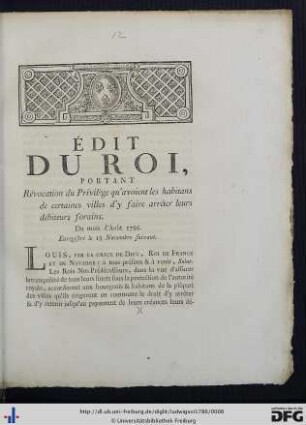 Édit Du Roi, Portant Révocation du Privilège qu'avoient les habitans de certaines villes d'y faire arrêter leurs débiteurs forains.