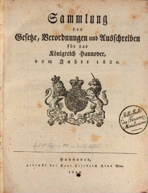 Sammlung der Gesetze, Verordnungen und Ausschreiben für das Königreich Hannover : vom Jahre .... 1820