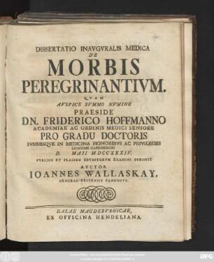 Dissertatio Inavgvralis Medica De Morbis Peregrinantivm