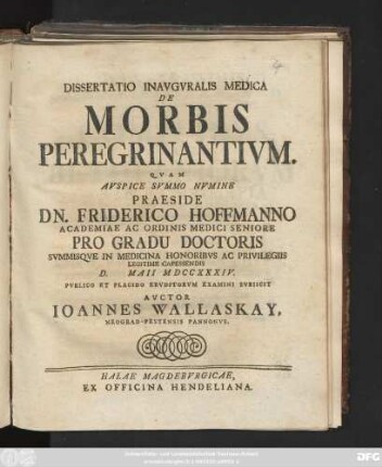 Dissertatio Inavgvralis Medica De Morbis Peregrinantivm