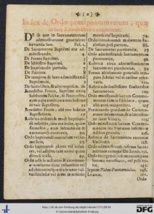 Index Et Ordo praecipuarum rerum, quae in hoc Rituali libro continentur.