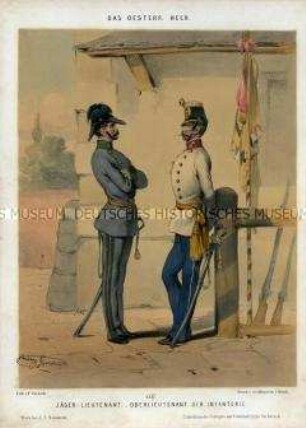 Uniformdarstellung, Leutnant des Jäger-Bataillons und Oberleutnant der Infanterie, Regiments-Fahne, Österreich, 1848/1854. Tafel 133 aus: Gerasch: Das Oesterreichische Heer.