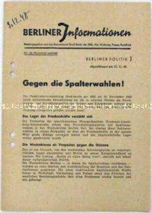 Informationsblatt der SED Groß-Berlin zu den Wahlen in den Westsektoren