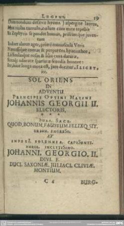 Sol Oriens In Adventu Principis Optimi Maximi Johannis Georgii II. Electoris
