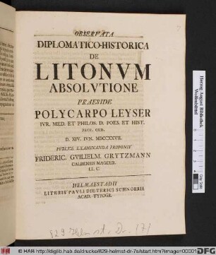 Observata Diplomatico-Historica De Litonvm Absolvtione