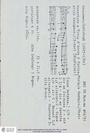 Ouverture a Viola d'Amore 2 Violin. Viola / e Cembalo. / Christoph Graupner.