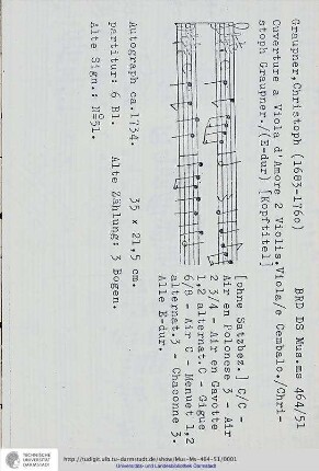 Ouverture a Viola d'Amore 2 Violin. Viola / e Cembalo. / Christoph Graupner.